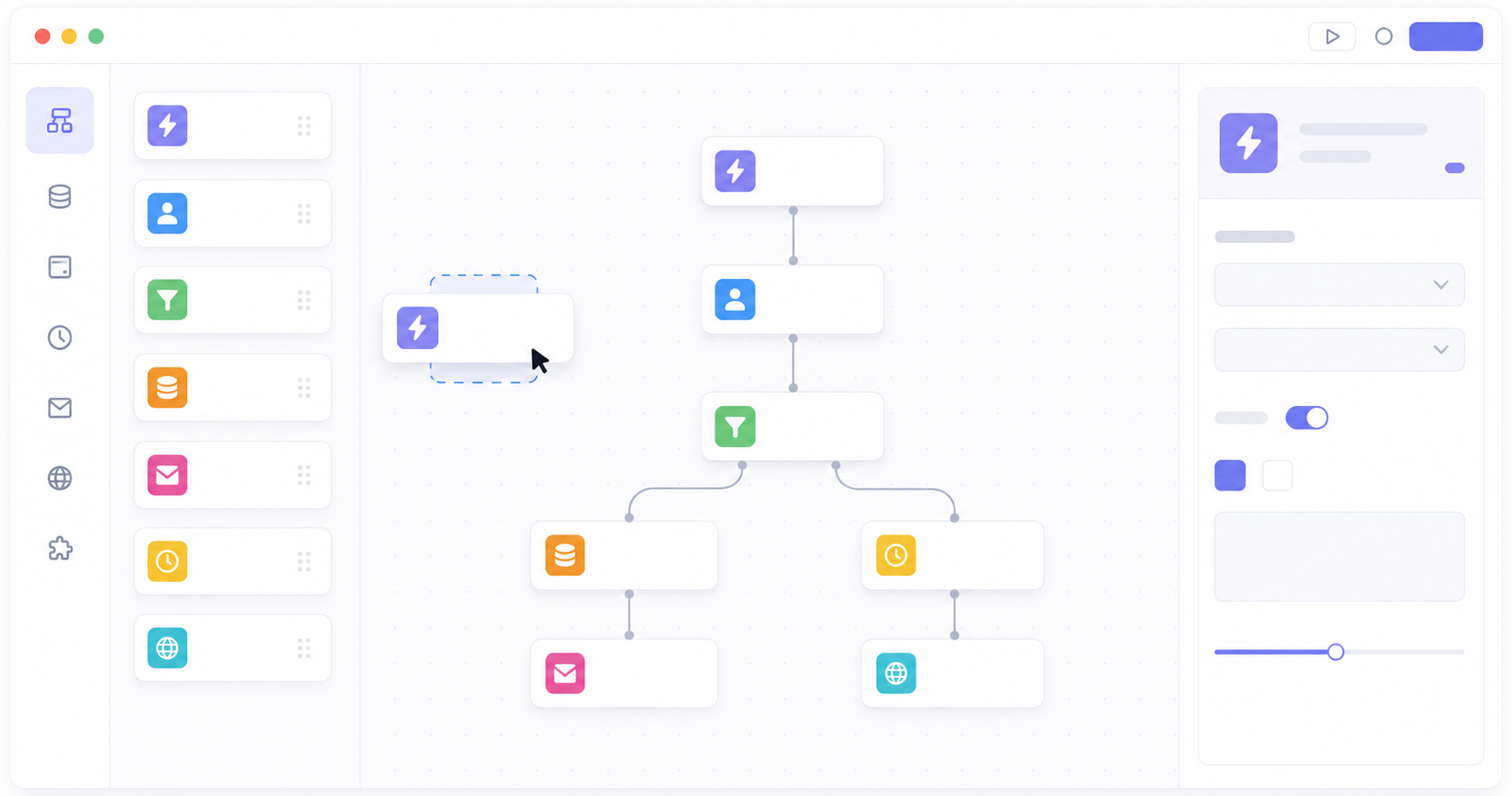 Next Matter workflow builder canvas showing drag-and-drop steps, branching logic and connected systems for an operations process