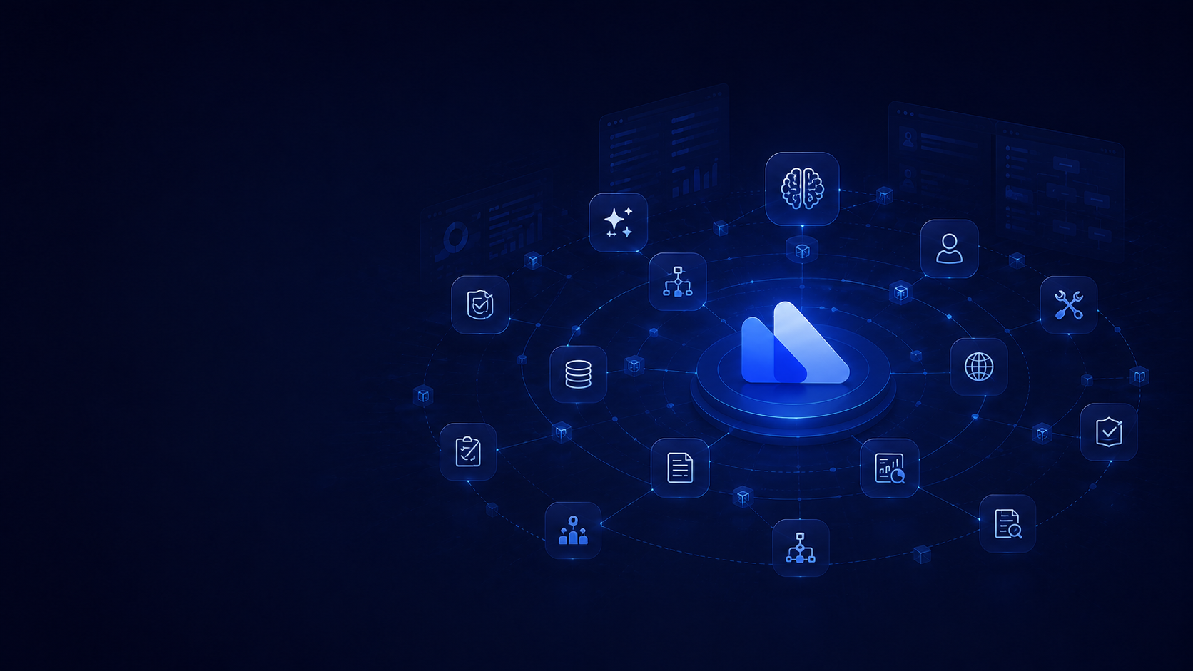 Glowing blue orb representing AI orchestration at the center of governed workflows