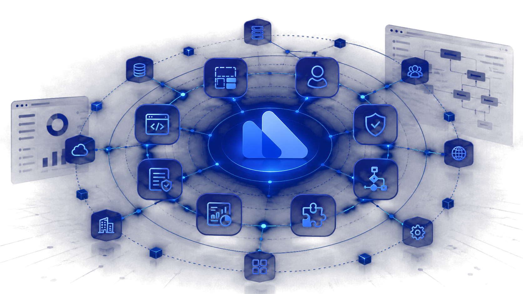 Luminous blue orb symbolizing the Next Matter platform connecting people, systems and AI